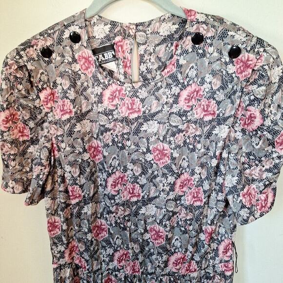 Vintage 80s Floral Print Short Sleeve Dress Cottagecore Women Size Petite Large - Picture 4 of 11